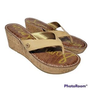 Sam Edelman Wedge Sandals Womens Size 9.5 M Romy Patent Leather Tan Flip Flop